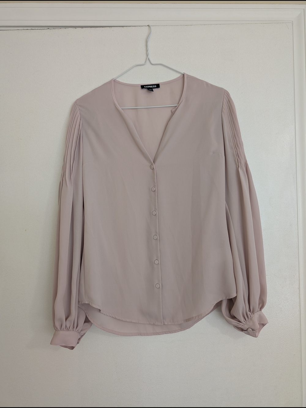 Express Pleated Balloon Sleeve V Neck Button Front Blouse Romantic Workwear Chic